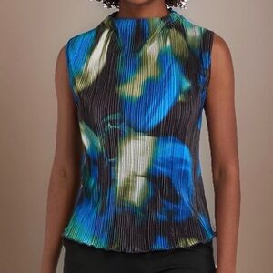 NWT DKNY Women's Pleated Funnel Neck Sleeveless Top-Lapis Bl Multi-M